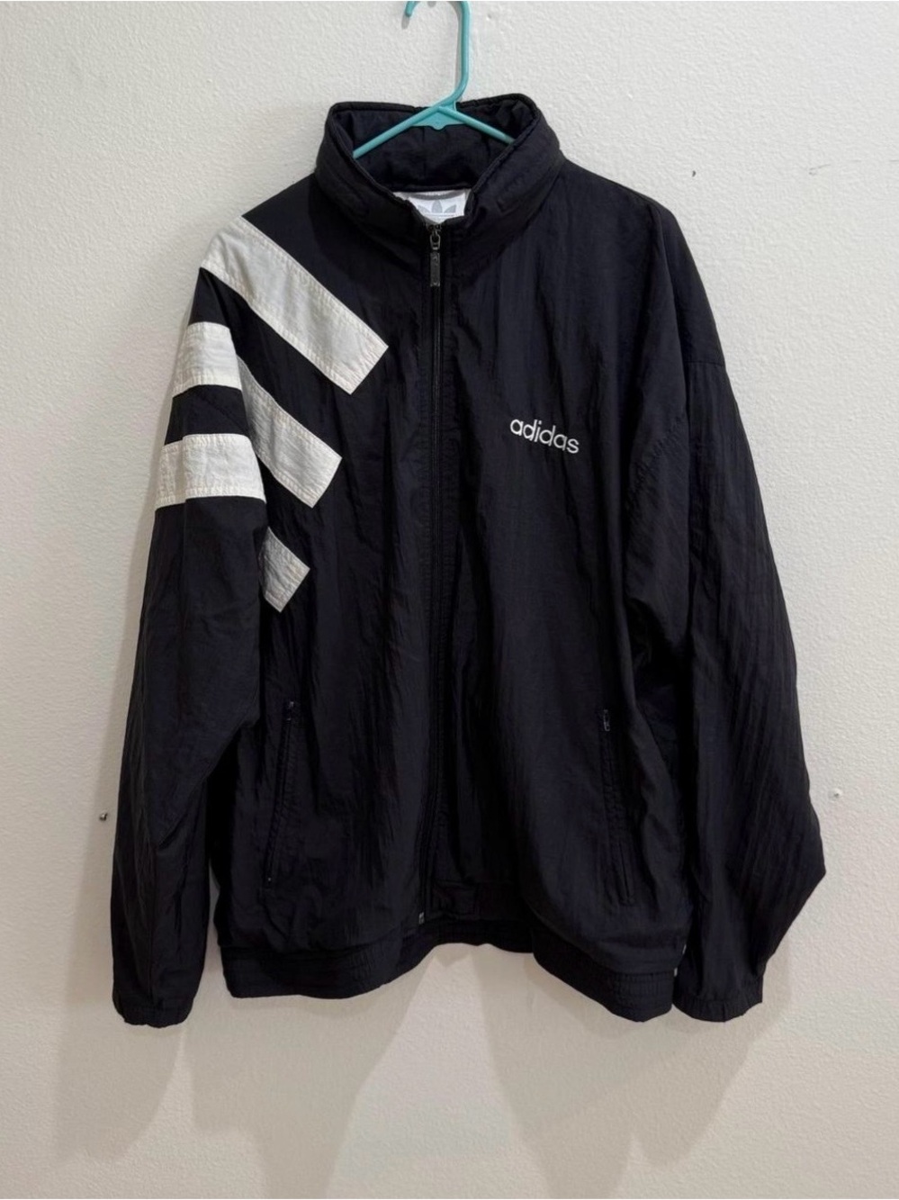 adidas Black Windbreaker Jacket with White Chevron Stripes